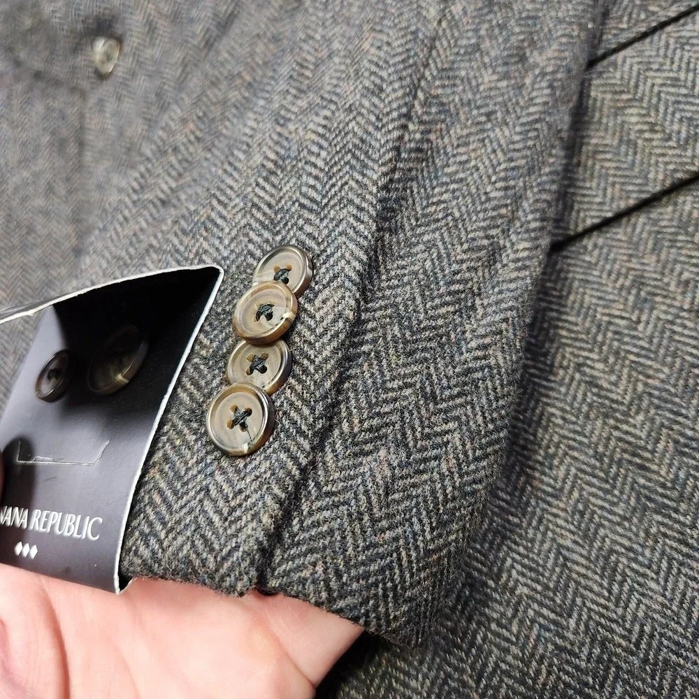 Banana Republic Blazer Men 46R Herringbone Tweed Peak Lapel Elbow Patches‎ NEW